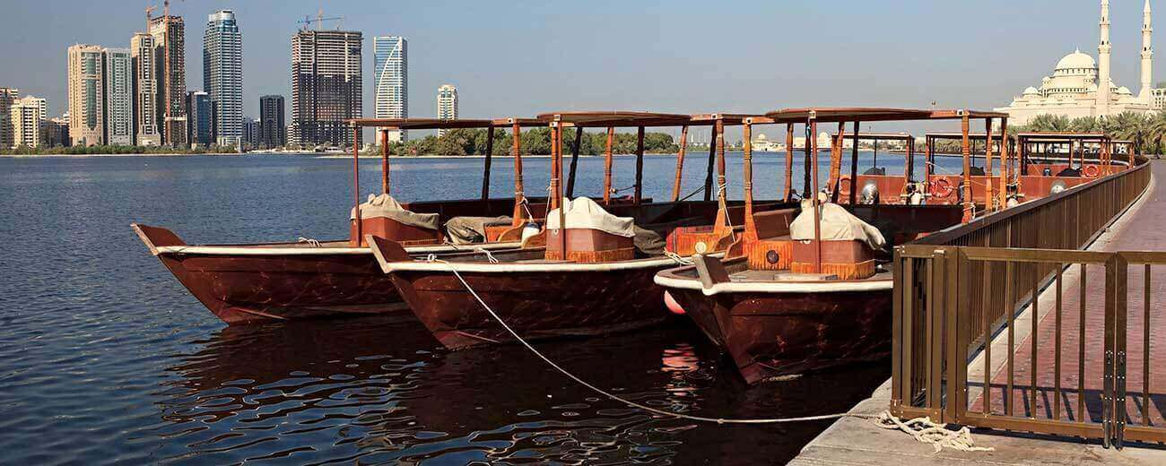 Sharjah United Arab Emirates Al Noor Mosque port skyline towers