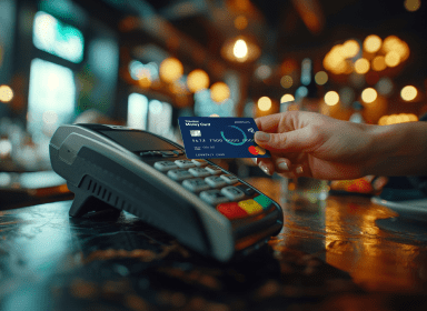 A person's hand holding a Travelex Money Card with a chip over a card payment machine at a dimly lit bar, with blurred lights in the background creating a bokeh effect.