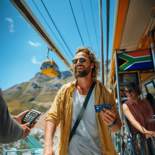 A man in sunglasses and casual summer clothing is smiling and holding out a Travel Money Card to a card reader, which someone else is holding out towards him. They are boarding or alighting from a cable car with other passengers in the background, and a mountainous landscape under a clear blue sky is visible, suggesting a tourist location. There is a South African flag on the cable car.